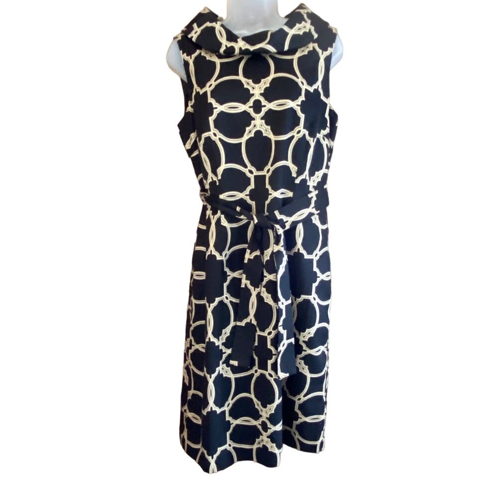 Vintage 90s Talbots Dress Women 8 Black Cream Geometric Belt Classic Office Silk